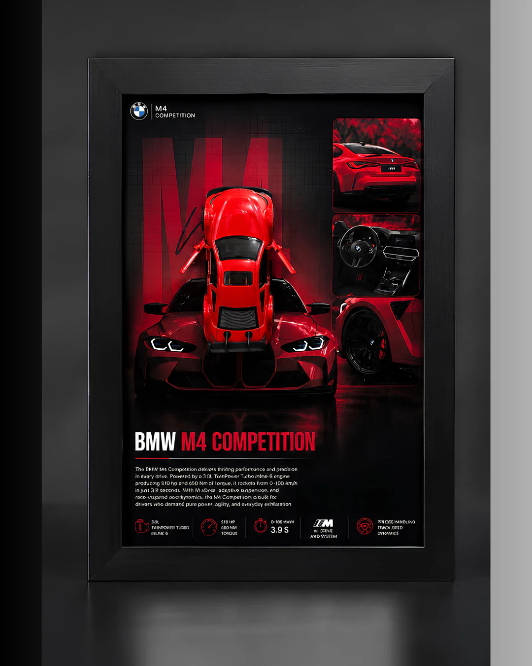 BMW M4 Competition 3D Metal Car Wall Art – A4 Glass Frame