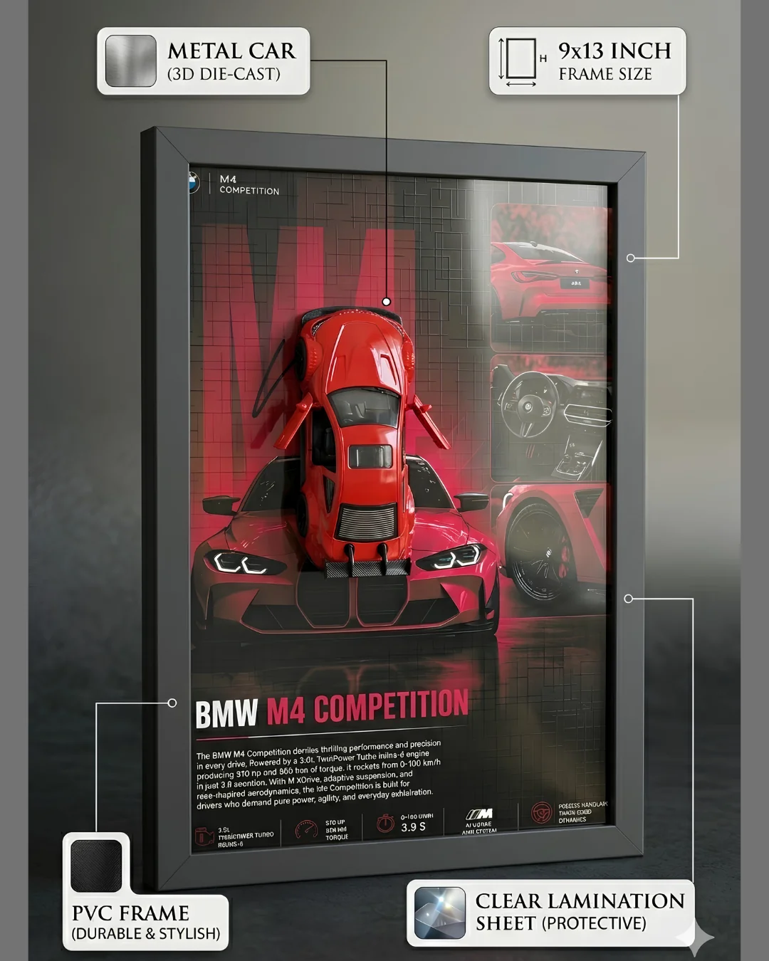 BMW M4 Competition 3D Metal Car Wall Art – A4 Glass Frame - Image 2