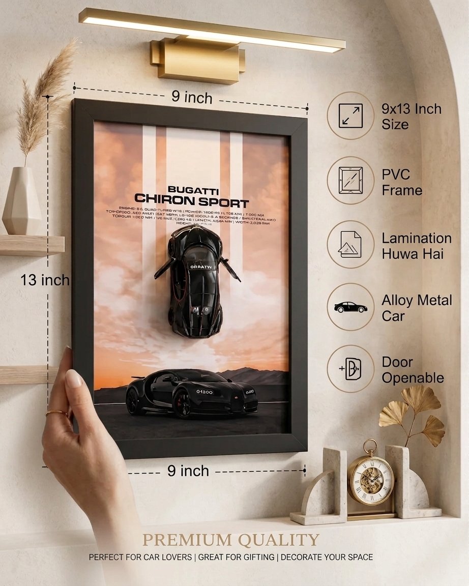 Bugatti Chiron Sport 3D Metal Car Wall Art – A4 Glass Frame