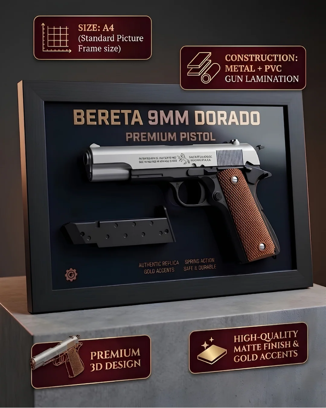 Colt M1911 Premium Metal Pistol 3D Wall Art – A4 Glass Frame - Image 2