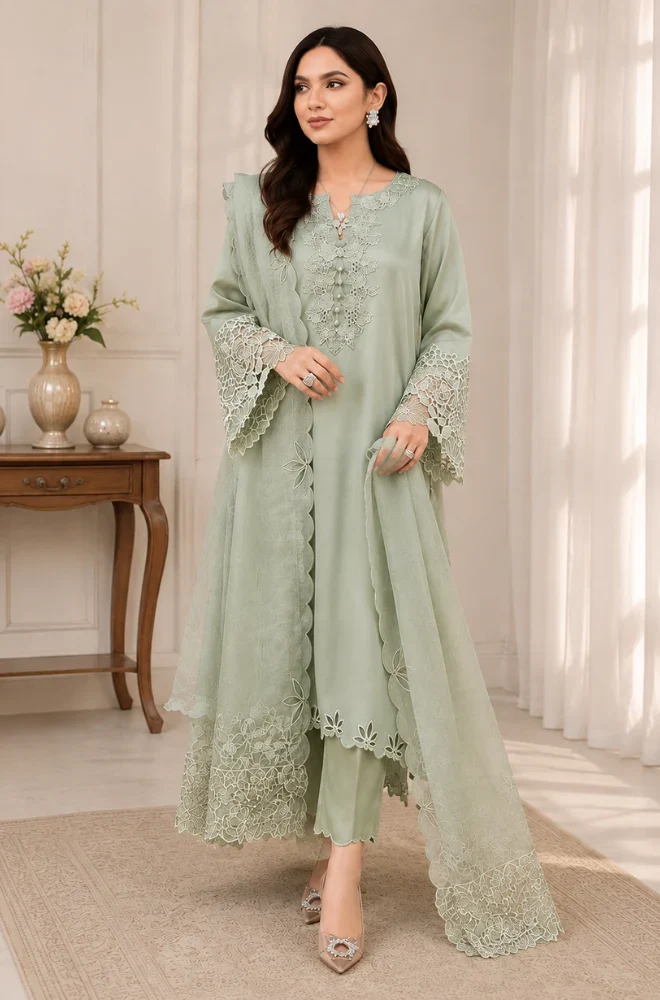 SAPPHIRE - 3PC Lawn Embroidered Shirt with Khadi Net Embroidered Dupatta and Trouser - ShopifySmartly.pk - image 1