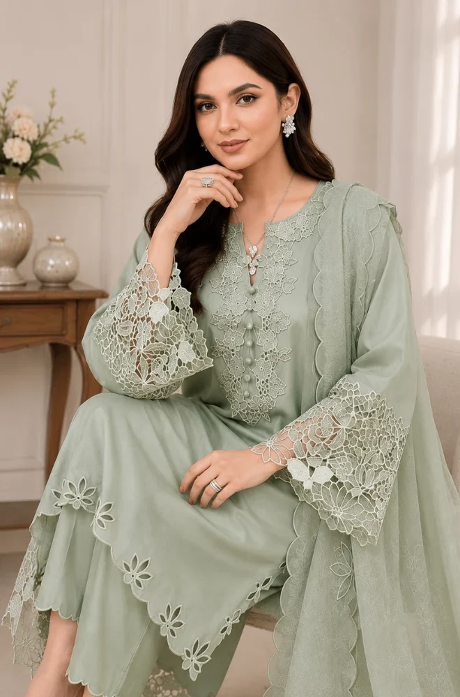 SAPPHIRE - 3PC Lawn Embroidered Shirt with Khadi Net Embroidered Dupatta and Trouser - ShopifySmartly.pk - image 2