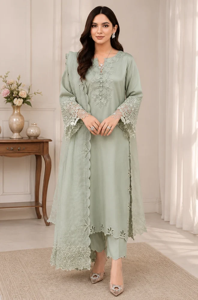 SAPPHIRE - 3PC Lawn Embroidered Shirt with Khadi Net Embroidered Dupatta and Trouser - ShopifySmartly.pk - image 3